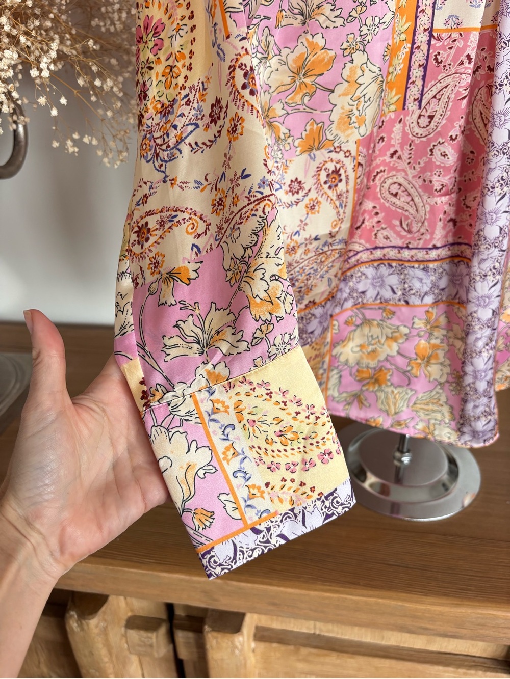 Zara S Patchwork Paisley Button Up Shirt in Pink and Cream Silk Feels Blouse - Picture 11 of 16
